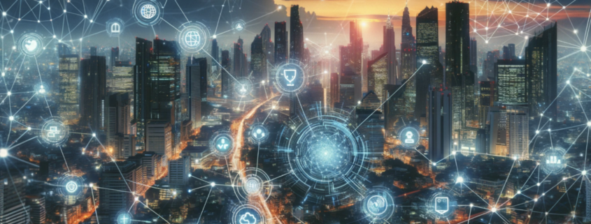 Futuristic cityscape at dusk, highlighted by digital networks and light connections, symbolizing the interconnected nature of modern managed services in a digital world.